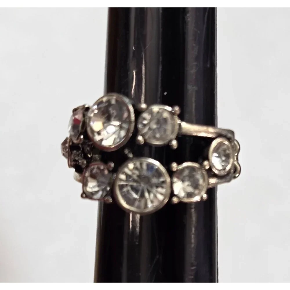 New Silver-Tone Stretch‎ Statement Cocktail Ring Clear Rhinestones Glam Boho